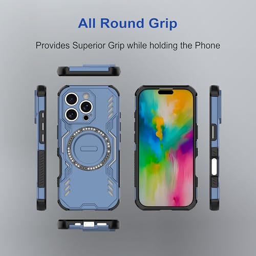 Image of amazon basics Back Case Cover for iPhone 16 Pro | Magnetic Case with Built-in Metal Ring | Supports Mag-Safe Charger, Wallet & Car Mount | Shockproof Hybrid PC + TPU | Blue