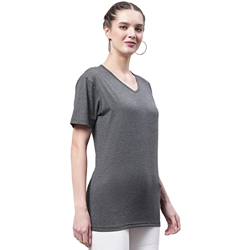 Image of Mack Jonney Women V Neck Cotton Solid Regular Fit T-Shirt-V Anthraa 001-P