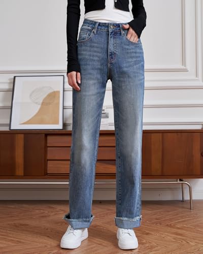 Womens High Waisted Jeans Stretchy Straight Leg Loose Fit Tummy Control Raw Hem Denim Pants Trendy 2025 Fashion3