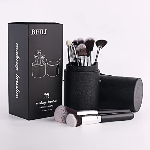 BEILI Set de Brochas de Maquillaje Profesional (12 PCS), Cosméticos Sintéticos Base Correctores en Polvo Mezcla de Sombras de Ojos, Juegos de Brochas de Maquillaje con Caja Cilíndrica Cover