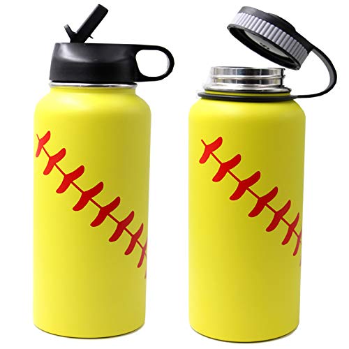 32 oz Softbal Waterfles, Flessen Sport met 2 Deksels 18/8 RVS Tumbler Dubbelwandige Vacuüm Geïsoleerd Warm/Koud (32 Oz, Geel Softbal) - Image 7