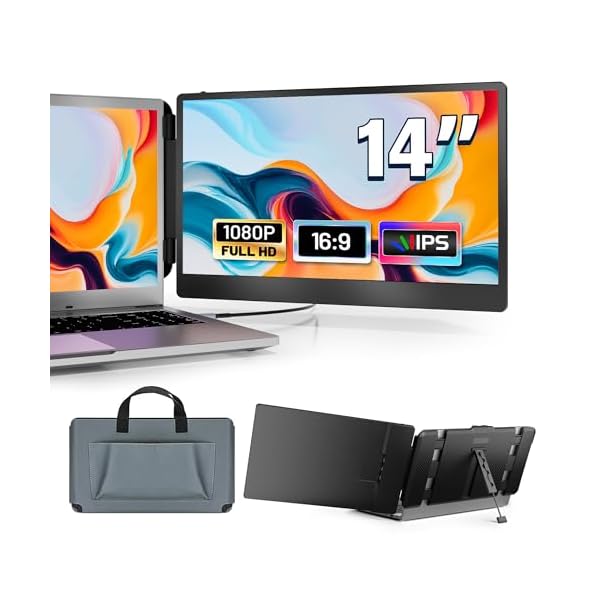 14" Laptop Monitor Extender, FHD 1080P IPS Dual Laptop Screen Extender, HDMI/USB-A/Type-C Plug and Play for Windows, Mac, Chrome, Android, Xbox, Switch, PS5, Work with 13.3”-17” Laptops