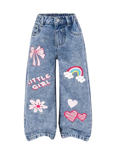 WDIRARA Toddler Girl's Cute Bow Graphic Baggy Jeans Elastic High Waist Wide Leg Denim Pants