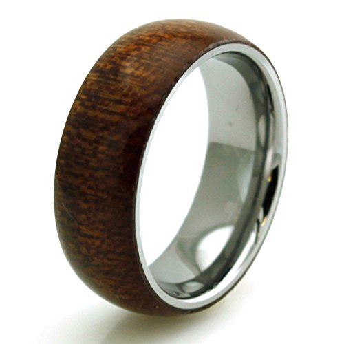 Stainless Steel Mahogany Wood Inlay Domed Ring, Size 9
