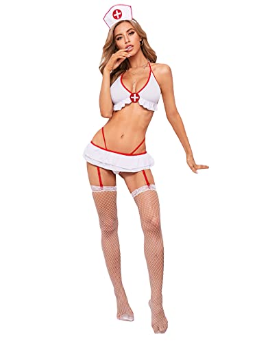 Wdirara Women's Sexy Nurse Costume Cosplay Halter Lingerie Set With Garter And Stockings White S #TOP2