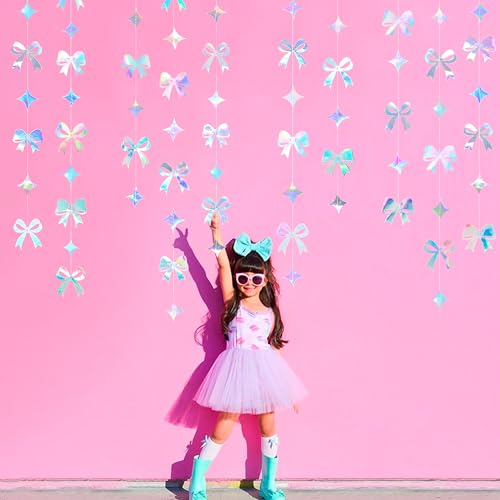 Image of Iridescent Bow Decorations Holographic Paper Star Bow Hanging Garland Streamer Banner for Coquette Birthday Bachelorette Wedding Bridal Shower Engagement Anniversary Hen Party Decorations Supplies