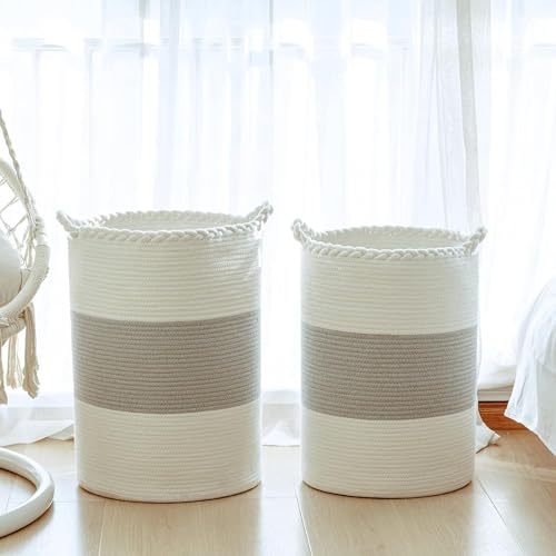 Image of ALBY Woven,Tall Wicker Laundry Basket for Blankets,Clothes,Pillows,Toys,Shoes Large Cotton Laundry Hamper for Bedroom Living Room Bathroom Nursery (12''D x 15''H INCH, GreyA)