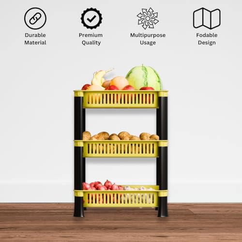 FOROLY 3-Layer Multipurpose Plastic Kitchen Storage Rack | Vegetable Basket Organizer | Stackable Storage Stand for Home, Pantry, Bathroom, Office – Durable Space-Saving Shelf (Yellow)
