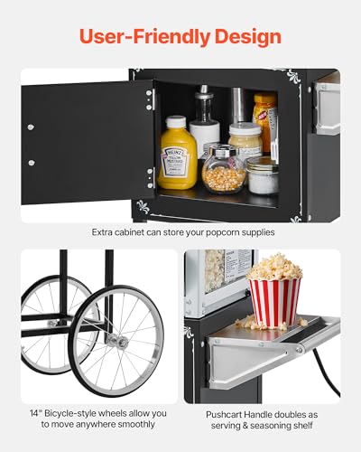 Image of VEVOR Popcorn Machine with Cart, 8oz Stainless Steel Kettle, 800W Commercial Popcorn Maker, 48 Cups per Batch Theater Style Popper, with 2-Button Control Glass Wall PC Door 1 Scoop 3 Spoons, Black