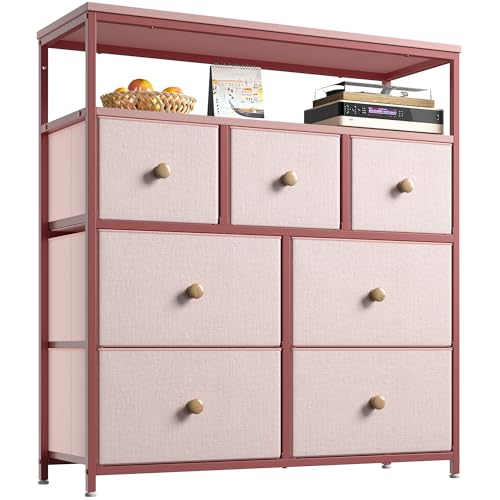 Image of Dresser for Bedroom with 7 Drawers, Purple Dressers & Chests of Drawers, Dresser for Clothes Storage with Wooden Top and Metal Frame, Entertainment Center, Pink