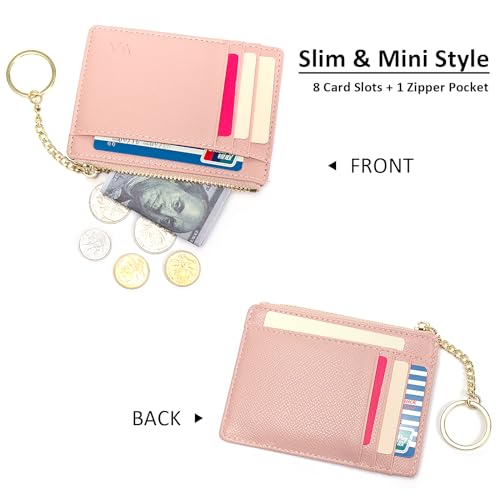 Image of Valentoria Slim RFID Blocking Card Holder Small Pocket Wallet Keychian Zipper Coin Purse Mini Cash & Coin & Cards Case for Women Men, Pink, s, Slim Rfid Blocking Card Holder Small Pocket Wallet