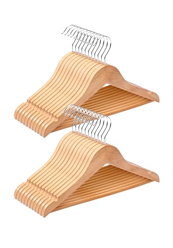 Image of Cozymood Kids Wooden Hangers 20 Pack, Smooth Solid Wood Baby Hangers, 12.6'' Children's Coat Hangers with Non Slip Pants Bar, Shoulder Notches, Silvers Swivel Hooks, Natural