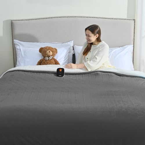 Sunable Machine Washable Heated Electric Blanket - Twin Size, Time & Heat Settings, ETL Certified, Grey Velvet & Sherpa