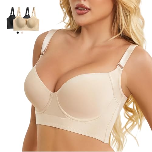 Reairtal Push Up Bra for Women Uplift Sculpting T-Shirt Bras Full Back Coverage Bras Hide Back Fat Smoothing Bra Beige 40B