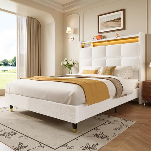 koorlian King Size Bed Frame, 51" Tall Wingback Tufted Headboard, Teddy Fleece Upholstered Bed Frame, LED Lights & USB/Type-C Port and Double Storage Shelf, No Box Spring Needed, Easy Assembly, White