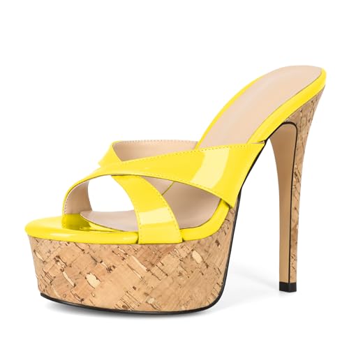 Image of Esvowido Heeled Mules for Women Cork Platform Stiletto Heels Slip on Open Toe High Heeled Sandals Crisscross Slippers Pumps Shoes