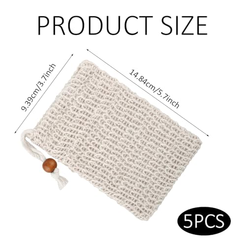 5 Stück Seifensäckchen Bio, Natürliches Sisal Seifenbeutel, Seifensäckchen für Feste Seife, Sicherer und Langlebiger Sisalfaser Seifensäckchen, Kordelzug Massage Seifensack, für Feste Seife Mesh