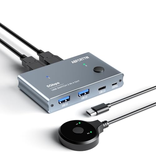 Switch USB 3.0 2 Entradas 4 Salidas con Puerto USB-C, Conmutador USB de Aluminio para 2 Computadoras con Controlador Extendido de 1.5m, Switch USB 2 pc con dos cables A a A de 1m