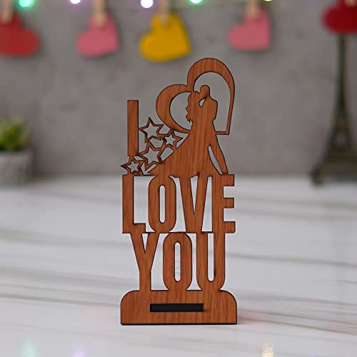 eCraftIndia Brown Wooden Romantic Kissing Couple with I Love You Decorative Showpiece for Home Decor Valentine Gift for Girlfriend Boyfriend Husband Wife Valentines Gift Valentine Day Decoration Items