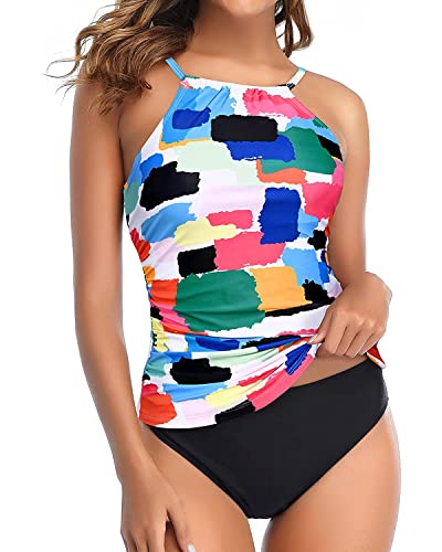 Photo 1 of **USED** Tempt Me Two Piece Tankini Swimsuit for Women High Neck Ruched Tummy Control Top with Bottom Bathing Suits Color Block Small