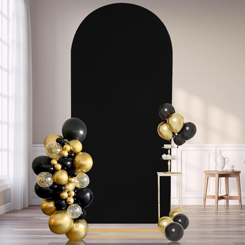 Image of SoarDream 7.2FT Arch Backdrop Cover Black Spandex Fitted Wedding Arch Stand Covers Fitted for Round Top Chiara Arch Cover Stretchy Backdrop for Birthday Party Decorations
