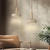 JIANTLAIUS 2PCS Japanese Wabi-sabi Style Pendant Light Round Natural Stone Shade Nordic Wood Chandelier Bedroom Bedside Light 12W for Living Dining Room Table Ceiling Hanging Lamp