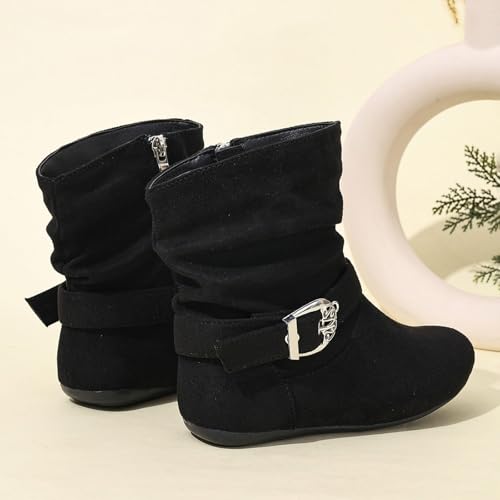 Ankle Boots for Girls Kid's Buckle Zipper Flat Heel Mid Calf Slouchy Boot Slip On Casual Boots Round Toe Non Slip Riding Boot for Fall Winter Spring Outdoor3