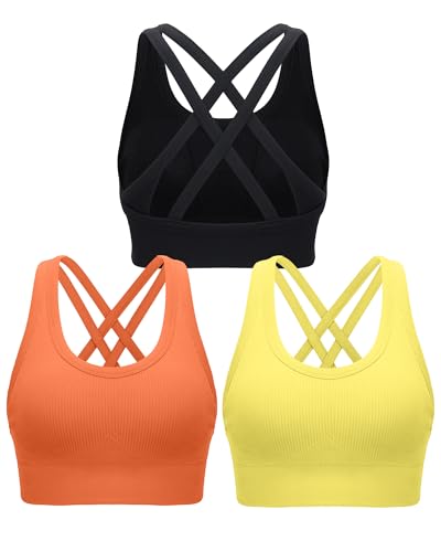 RUNNING GIRL High Impact Sports Bras for Women,Strappy Crisscross Black Sports Bra High Support with Removable Pads(WX3011_Black+Yellow+Orange_S)