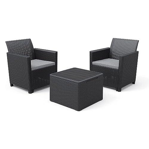 Keter - Set Claire Adatto per Il Balcone e terrazzo composta da 2 poltrone con Cuscini Inclusi e Tavolo Contenitore con Effetto Legno, Set Realizzato in Resina, Colore Grafite