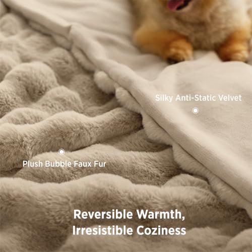 Image of Bedsure GentleSoft Bubble Faux Fur King Size Blanket for Bed, Fluffy Fuzzy King Blanket for Winter, Soft Cozy Faux Fur Bedding Thick Warm Plush Decor for Bedroom, Beige, 104x90