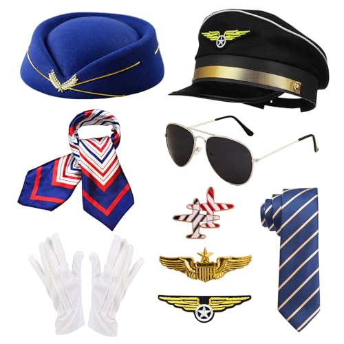 9 accesorios de disfraz de piloto de capitán, accesorios de disfraz y azafata para mujer, juego de disfraz para carnaval con sombrero de asistente de vuelo, gafas de sol, bufanda, gorro de piloto