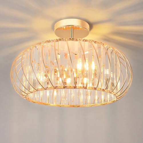 ANWIO Plafoniera Cristallo Oro, Plafoniera in Cristallo Soggiorno E14 con 3 Luci, Lampadario a Sospensione Moderno, Plafoniere Moderni Oro Vetro Per Camere da Letto, 40 CM (Senza Lampadine) Kitchen