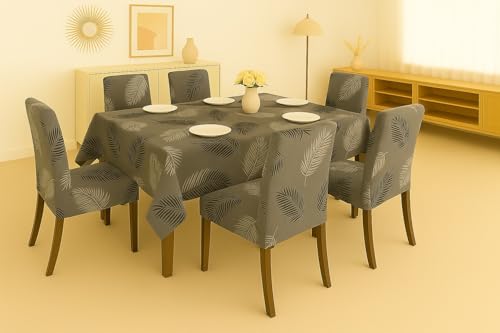 Image of Homerz Premium 6 Seater Dining Table Cloth with 6 Dining Chair Covers,Elastic Fitted Chair Slipcovers, Printed Polycotton Fabric, Table Cloth Size 60x90 inch (Grey Fauna)