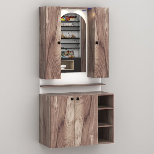 Image of Anikaa Opulex Engineered Wood Dressing Table with Mirror Cabinet, LED Lights, Storage Shelves & Back Panel - Wall Mounted Makeup Vanity & Organizer for Bedroom -(Coachwood /White) DIY Installation
