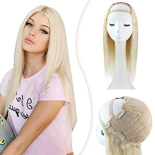 YoungSee 18inch Wigs U Part Blonde Human Hair Extensions #60 Half Wigs Clip in U Part Wigs Straight Human Hair U Shape Cap Wigs 120Grams