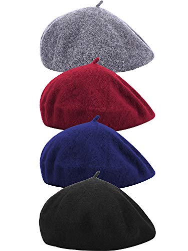 4 Pieces Women Beret Hat French Style Beret Beanie Cap Solid Color Winter Hat (Color Set 2)