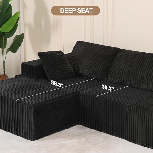 Image of L Shaped Modular Boneless Sectional Couches for Living Room, Wide Armrest, Deep Seat, Memory Foam, Assembly Free, Modern Comfy Corduroy Fluffy Cloud Sofa with Left Chaise, Black