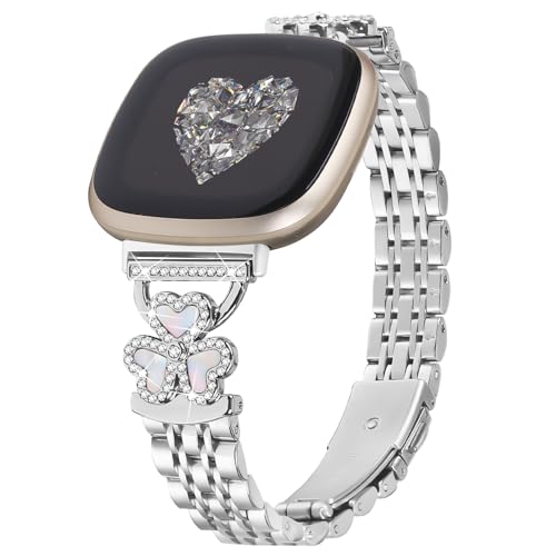 Bling Love Clover Bands For Women Compatible With Versa 4/Versa 3/Sense 2/Sense Stainless Steel Adjustable Replacement Strap.