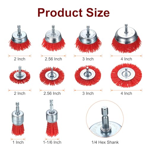 Image of HARFINGTON 10pcs Nylon Filament Wire Wheel Cup Brush for Drill, Abrasive Brushes Set with 1 /4 inch Hex Shank, 1 inch,1 1 /6 inch,2 inch,2.56 inch,3 inch,4 inch, Used for Rust /Corrosion /Paint Removal and Scrub Surface