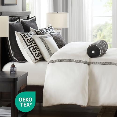 Image of Madison Park Signature Queen Comforter Set Hotel Style Embroidered, Oversized Comforters Queen Size Bed, All Season Down Alternative Overfilled Queen Size Comforter, Jarvis, Queen Black /White 8 Piece