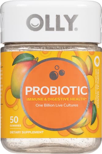 Image of OLLY Probiotic Gummy, Immune and Digestive Support, 1 Billion CFUs, Chewable Probiotic Supplement, Mango, 25 Day Supply - 50 Count (Pack of 12)