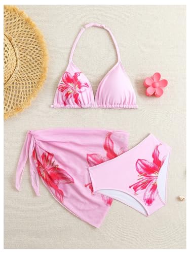 Image of SHENHE Girl's 3 Piece Swimsuits Cute Halter Triangle Bikini Bathing Suit with Beach Cover Up