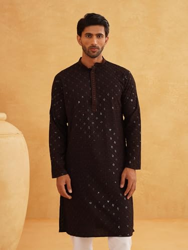 Image of SOJANYA Men's Coffee Brown Cotton Blend Kurta with Intricate Embroidery & Subtle Sequin Work