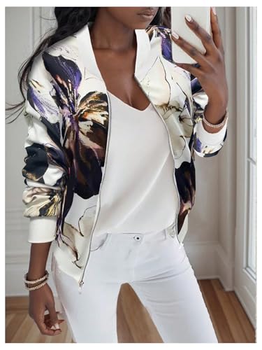 OYOANGLE Women's Floral Print Baseball Collar Bomber Jacket Long Sleeve Zip Up Coat Outerwear2