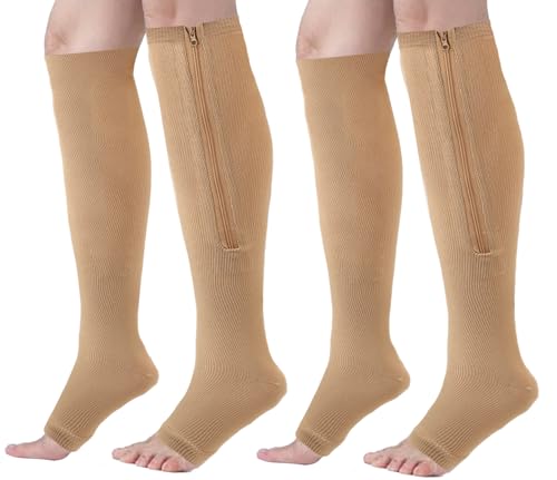 Image of 2 Pairs Zipper Compression Socks,Compression Stockings for Men and Women,15-20 mmHg Open Toe Compression Socks