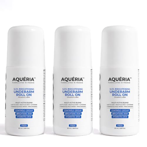Image of Aqueria Underarm Brightening Roll On for Men & Women | Lactic Acid, Glycerine, Fermented Rice Water & Propanediol | Helps Reduce Dark Underarms, Pigmentation & Discoloration | Exfoliating Deodorant Roll On | Pack of 3 (150ml)
