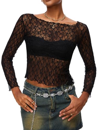 HAWILAND Top de malla transparente para mujer, parte superior de malla para fiesta, festival, sexy, parte superior de encaje transparente, #2 Negro, L
