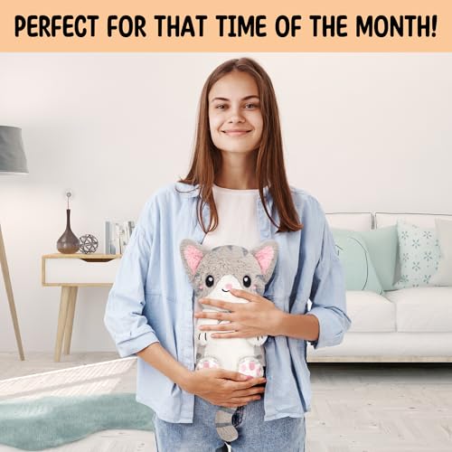 Image of Happy Fuel Grey Cat Microwavable 1.5 lbs Unscented Heating Pad for Women & Kids- Cute Soft Cozy Pillow Plush Heatable Warm Stuffed Animals- Kawaii Hot & Cold Plushie - Gray Cat Gifts for Girls & Women