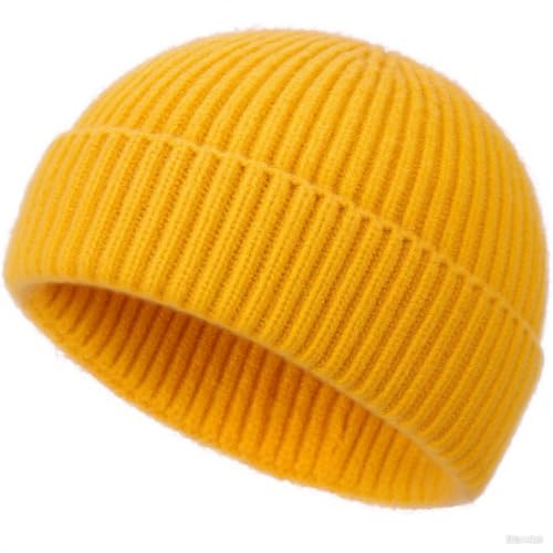 Wool Fisherman Beanies for Men Women Short Knit Fall Winter Warm Beanie Watch Cap Cuffed Trawler Hats Skull Caps Yellow