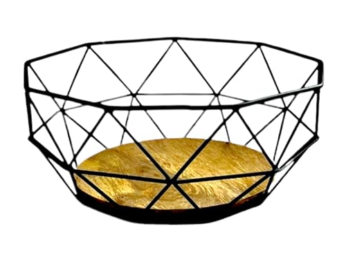 Nobel Geometric Wire Fruit Bowl with Wooden Base, Black Metal Frame, 30 x 20 x 14 cm
